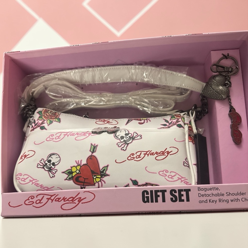 Ed Hardy White Tattoo Heart & Skull Baguette Bag
